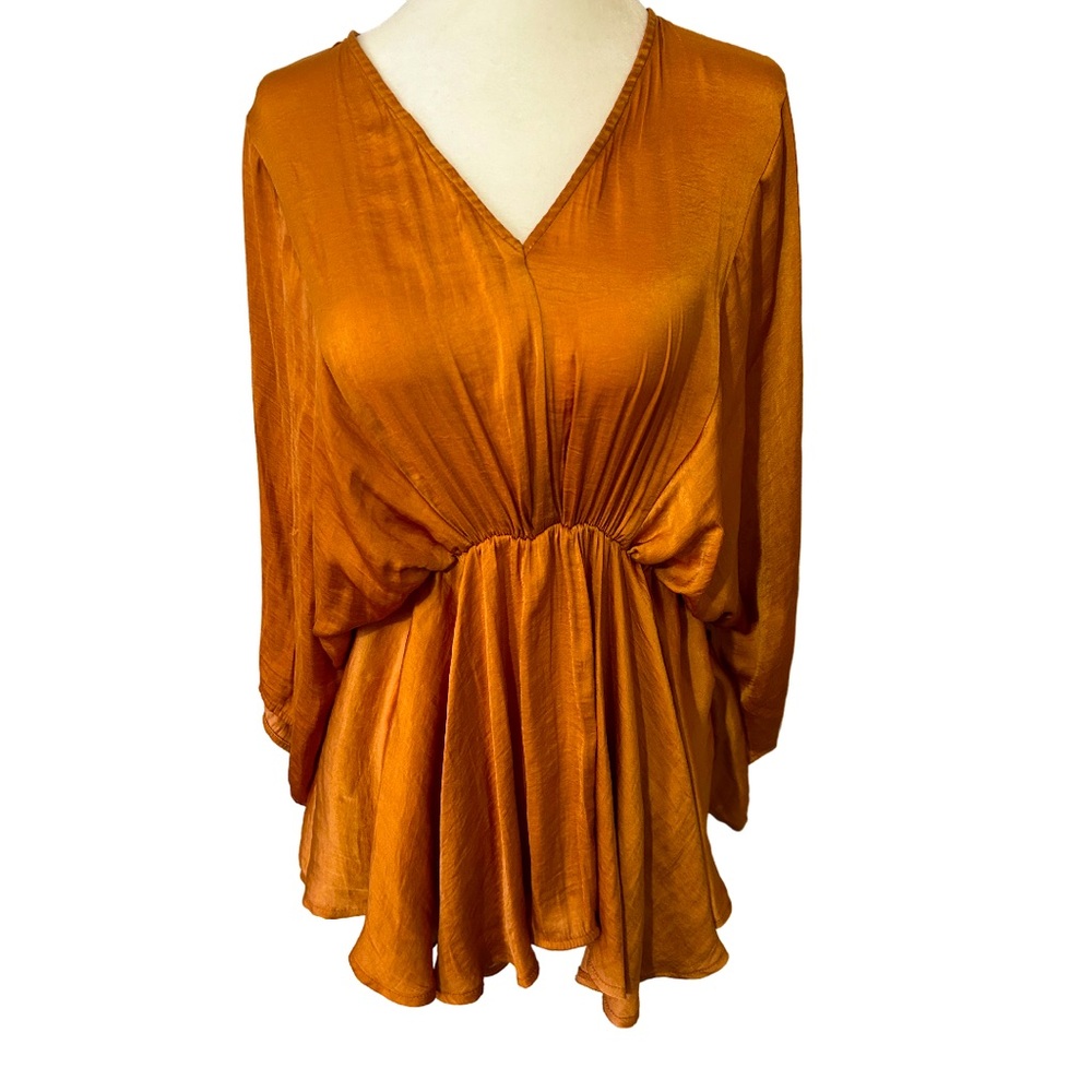 Beautiful Orange Silk Pleated V-Neck Blouse